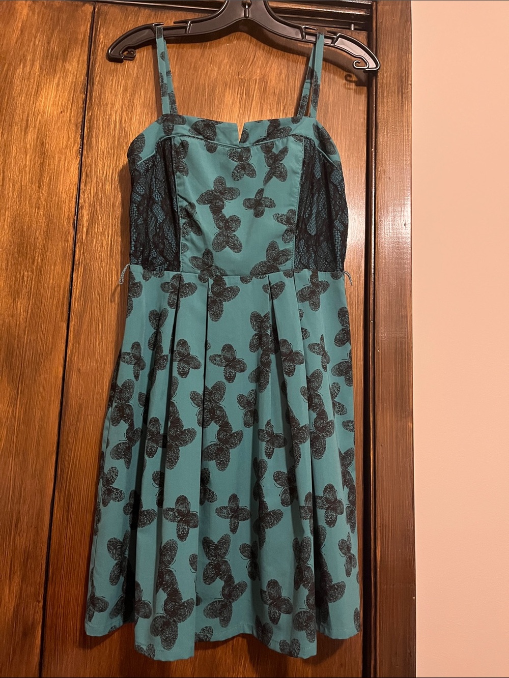 Kismet Teal Midi Dress with Black Butterfly Motif and Lace Panels